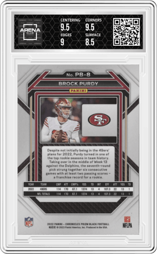 Brock Purdy from the 2022 Panini Chronicles set graded by Arena Club and given an overall grade of 9.