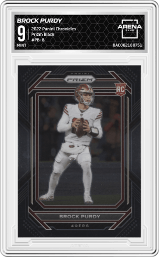 Brock Purdy from the 2022 Panini Chronicles set graded by Arena Club and given an overall grade of 9.
