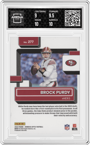 Brock Purdy from the 2022 Panini Donruss Optic set graded by Arena Club and given an overall grade of 9.5.