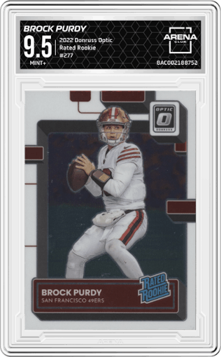 Brock Purdy from the 2022 Panini Donruss Optic set graded by Arena Club and given an overall grade of 9.5.