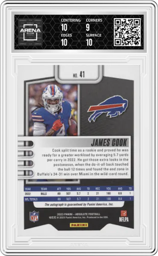 James Cook from the 2023 Panini Absolute set graded by Arena Club and given an overall grade of 9.5.