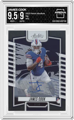 James Cook from the 2023 Panini Absolute set graded by Arena Club and given an overall grade of 9.5.