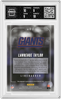 Lawrence Taylor from the 2023 Panini Absolute set featuring a Gold parallel graded by Arena Club and given an overall grade of 9.5.