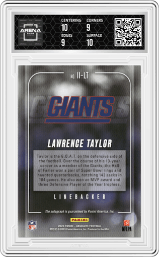 Lawrence Taylor from the 2023 Panini Absolute set featuring a Gold parallel graded by Arena Club and given an overall grade of 9.5.