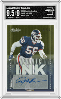Lawrence Taylor from the 2023 Panini Absolute set featuring a Gold parallel graded by Arena Club and given an overall grade of 9.5.