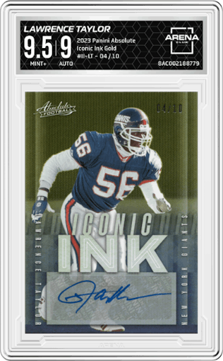Lawrence Taylor from the 2023 Panini Absolute set featuring a Gold parallel graded by Arena Club and given an overall grade of 9.5.
