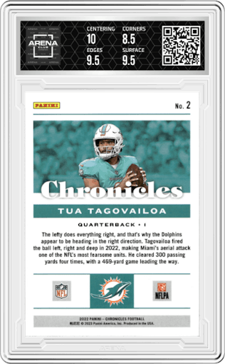 Tua Tagovailoa from the 2022 Panini Chronicles set featuring a Purple parallel graded by Arena Club and given an overall grade of 9.