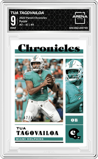Tua Tagovailoa from the 2022 Panini Chronicles set featuring a Purple parallel graded by Arena Club and given an overall grade of 9.