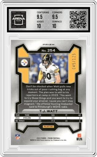 T.J. Watt from the 2023 Panini Prizm set featuring a Purple Prizm parallel graded by Arena Club and given an overall grade of 10.
