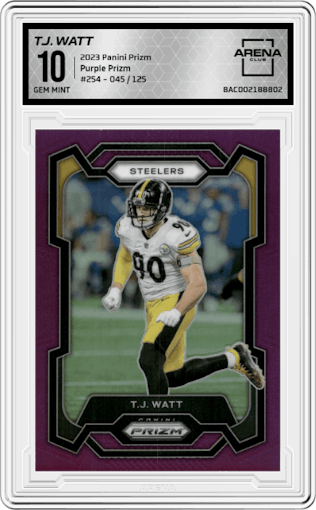 T.J. Watt from the 2023 Panini Prizm set featuring a Purple Prizm parallel graded by Arena Club and given an overall grade of 10.