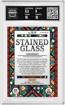 Tom Brady from the 2021 Panini Prizm set graded by Arena Club and given an overall grade of 9.5.