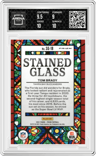 Tom Brady from the 2021 Panini Prizm set graded by Arena Club and given an overall grade of 9.5.