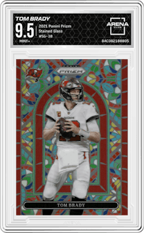 Tom Brady from the 2021 Panini Prizm set graded by Arena Club and given an overall grade of 9.5.
