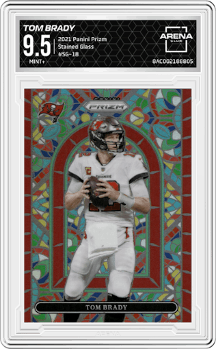 Tom Brady from the 2021 Panini Prizm set graded by Arena Club and given an overall grade of 9.5.
