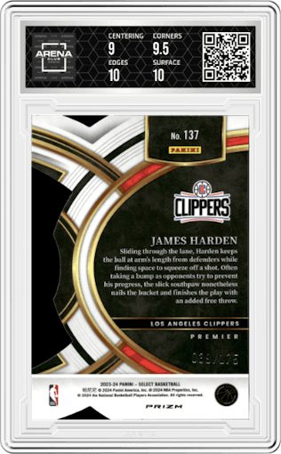 James Harden from the 2023-24 Panini Select  set featuring a Die-Cut Maroon Prizm parallel graded by Arena Club and given an overall grade of 9.5.