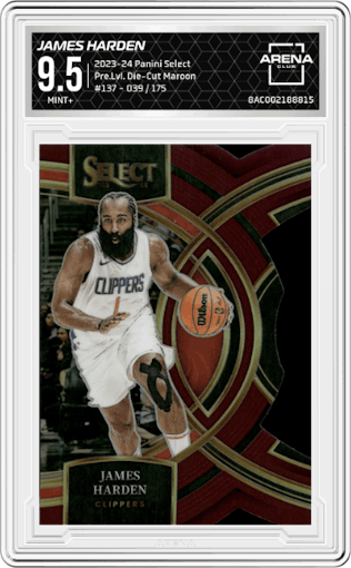 James Harden from the 2023-24 Panini Select  set featuring a Die-Cut Maroon Prizm parallel graded by Arena Club and given an overall grade of 9.5.