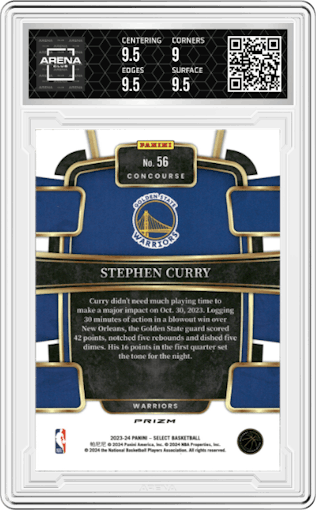 Stephen Curry from the 2023-24 Panini Select  set featuring a Tri-Color parallel graded by Arena Club and given an overall grade of 9.5.