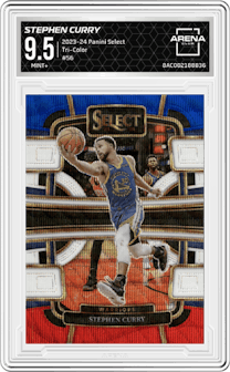 Stephen Curry from the 2023-24 Panini Select  set featuring a Tri-Color parallel graded by Arena Club and given an overall grade of 9.5.