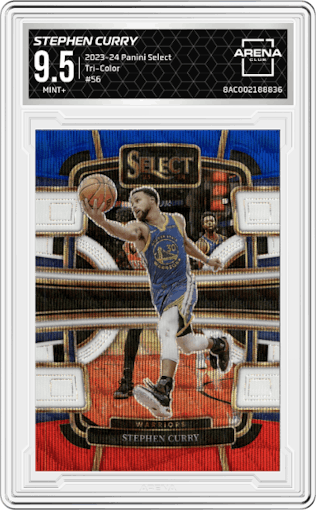 Stephen Curry from the 2023-24 Panini Select  set featuring a Tri-Color parallel graded by Arena Club and given an overall grade of 9.5.