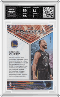Stephen Curry from the 2023-24 Panini Prizm set featuring a Fast Break parallel graded by Arena Club and given an overall grade of 9.5.