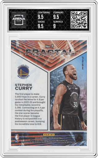 Stephen Curry from the 2023-24 Panini Prizm set featuring a Fast Break parallel graded by Arena Club and given an overall grade of 9.5.