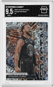 Stephen Curry from the 2023-24 Panini Prizm set featuring a Fast Break parallel graded by Arena Club and given an overall grade of 9.5.
