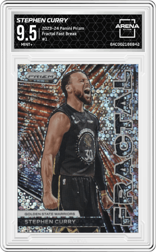 Stephen Curry from the 2023-24 Panini Prizm set featuring a Fast Break parallel graded by Arena Club and given an overall grade of 9.5.
