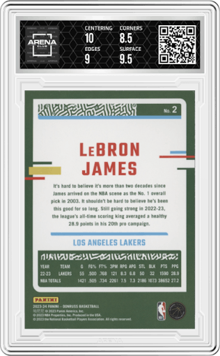 LeBron James from the 2023-24 Panini Donruss set featuring a Red parallel graded by Arena Club and given an overall grade of 9.