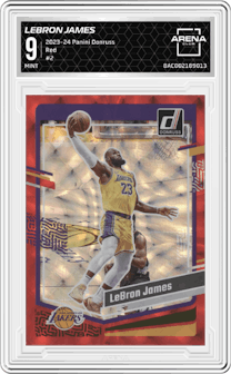 LeBron James from the 2023-24 Panini Donruss set featuring a Red parallel graded by Arena Club and given an overall grade of 9.
