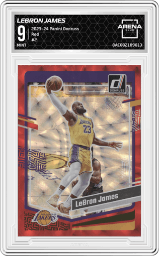 LeBron James from the 2023-24 Panini Donruss set featuring a Red parallel graded by Arena Club and given an overall grade of 9.