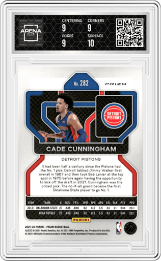 Cade Cunningham from the 2021-22 Panini Prizm  set featuring a Silver Prizm parallel graded by Arena Club and given an overall grade of 9.5.
