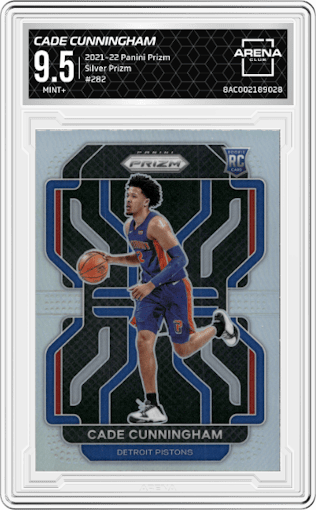 Cade Cunningham from the 2021-22 Panini Prizm  set featuring a Silver Prizm parallel graded by Arena Club and given an overall grade of 9.5.