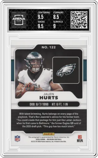 Jalen Hurts from the 2020 Panini Obsidian set graded by Arena Club and given an overall grade of 9.
