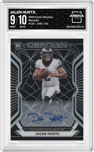 Jalen Hurts from the 2020 Panini Obsidian set graded by Arena Club and given an overall grade of 9.