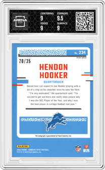 Hendon Hooker from the 2023 Donruss Optic set featuring a Purple parallel graded by Arena Club and given an overall grade of 9.