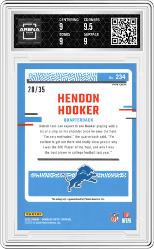 Hendon Hooker from the 2023 Donruss Optic set featuring a Purple parallel graded by Arena Club and given an overall grade of 9.