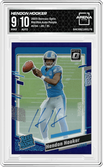 Hendon Hooker from the 2023 Donruss Optic set featuring a Purple parallel graded by Arena Club and given an overall grade of 9.
