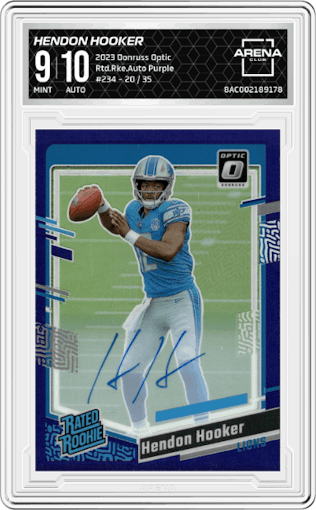 Hendon Hooker from the 2023 Donruss Optic set featuring a Purple parallel graded by Arena Club and given an overall grade of 9.