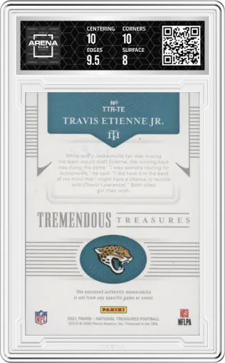 Travis Etienne Jr. from the 2021 Panini National Treasures set featuring a Holo Gold parallel graded by Arena Club and given an overall grade of 8.5.