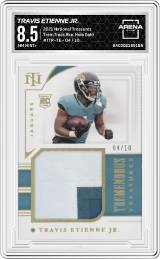 Travis Etienne Jr. from the 2021 Panini National Treasures set featuring a Holo Gold parallel graded by Arena Club and given an overall grade of 8.5.
