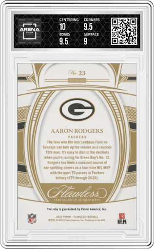 Aaron Rodgers from the 2022 Panini Flawless set graded by Arena Club and given an overall grade of 9.5.