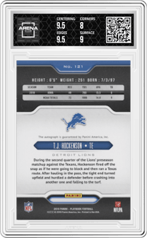 T.J. Hockenson from the 2019 Panini Playbook set featuring a Black parallel graded by Arena Club and given an overall grade of 8.5.