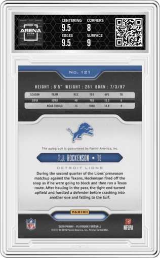 T.J. Hockenson from the 2019 Panini Playbook set featuring a Black parallel graded by Arena Club and given an overall grade of 8.5.
