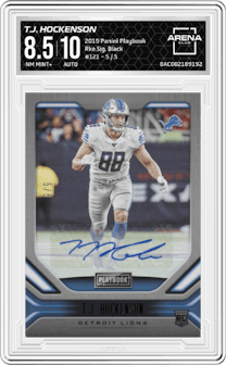 T.J. Hockenson from the 2019 Panini Playbook set featuring a Black parallel graded by Arena Club and given an overall grade of 8.5.