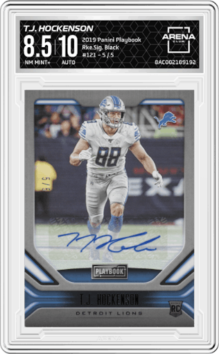 T.J. Hockenson from the 2019 Panini Playbook set featuring a Black parallel graded by Arena Club and given an overall grade of 8.5.