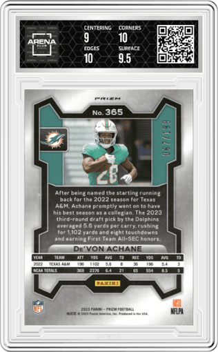 De'Von Achane from the 2023 Panini Prizm set featuring a Blue Wave parallel graded by Arena Club and given an overall grade of 9.5.