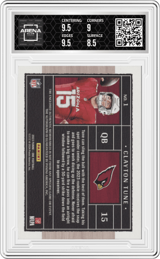 Clayton Tune from the 2023 Panini One set graded by Arena Club and given an overall grade of 9.