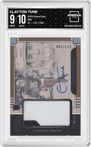 Clayton Tune from the 2023 Panini One set graded by Arena Club and given an overall grade of 9.