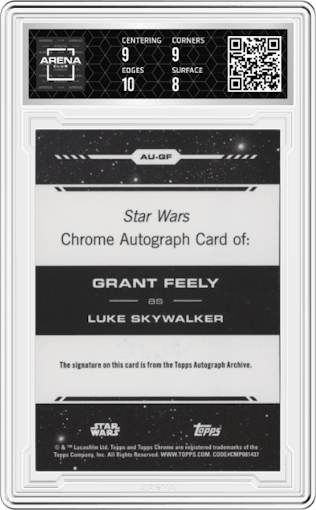 Grant Feely from the 2024 Topps Chrome Star Wars set featuring a Gold Refractor parallel graded by Arena Club and given an overall grade of 8.5.