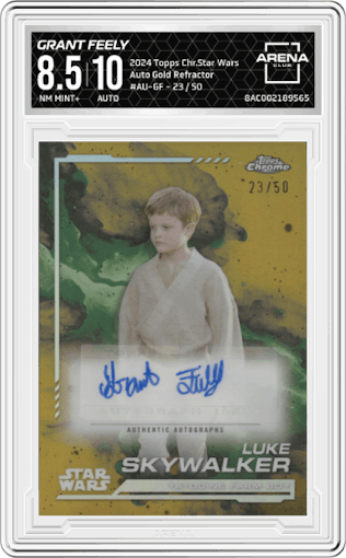 Grant Feely from the 2024 Topps Chrome Star Wars set featuring a Gold Refractor parallel graded by Arena Club and given an overall grade of 8.5.